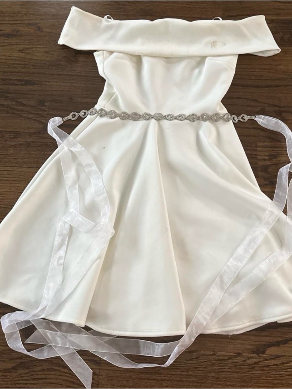 B Darlin White Off-Shoulder Wedding Dress with Rhinestone Belt